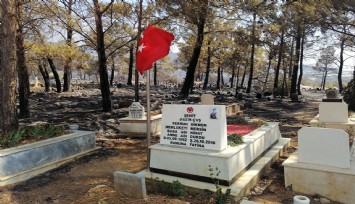 Mezarlık alanı yandı: Şehidin mezarı ve bayrak sapasağlam ayakta kaldı