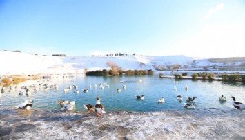 Kar, Pamukkale’nin güzelliğine güzellik kattı