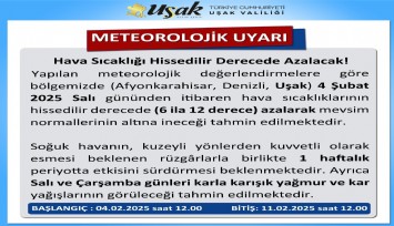 Uşak Valiliğinden soğuk hava uyarısı