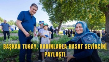 Başkan Tugay kadın üreticilerle hasat yaptı